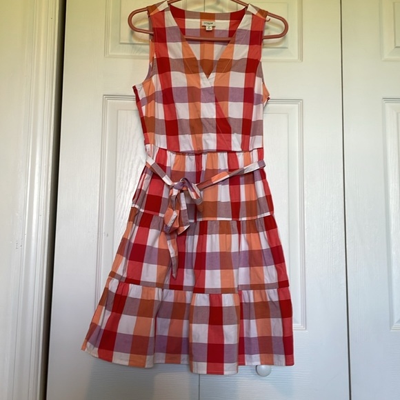 NWOT J.CREW Sz 8 cotton plaid belted V neck side zipper pockets knee length - Picture 3 of 12